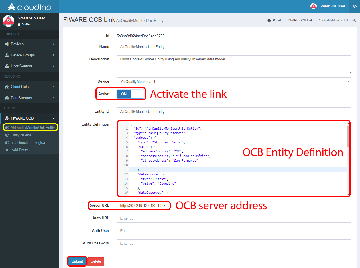 Configuration panel of the FIWARE OCB Link and entity definition